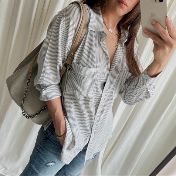 Classic Striped Button-Up Shirt—Ivory/Black - Picture 11 of 14